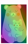 A drawing of a stuffed animal mama bear holding a baby bear facing the viewer, overlaid in rainbow and in a rectangular frame.